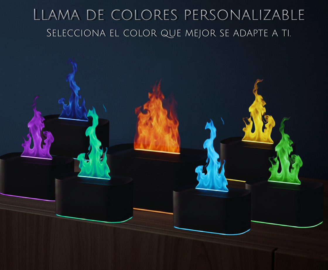 Difusor aromático con efecto llama – Ambiente cálido y relajante, 7 modo de luces, silencioso y apagado automático